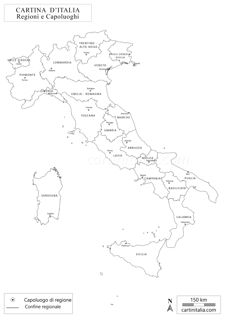 Cartina d'Italia in bianco e nero con regioni e capoluoghi