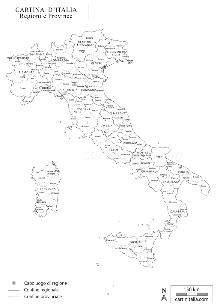 Cartina d'Italia in bianco e nero con regioni e province