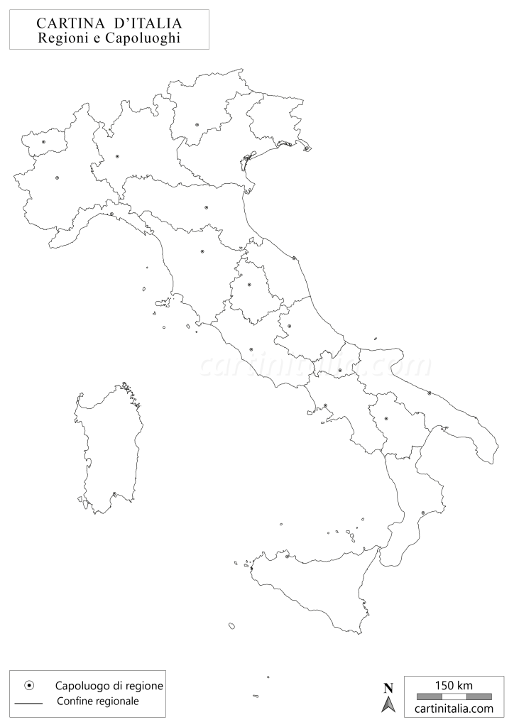 Cartina d'Italia muta con regioni e capoluoghi