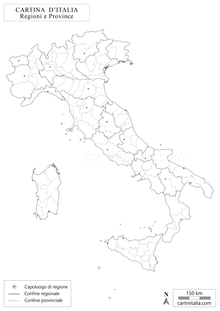 Cartina d'Italia muta con regioni e province