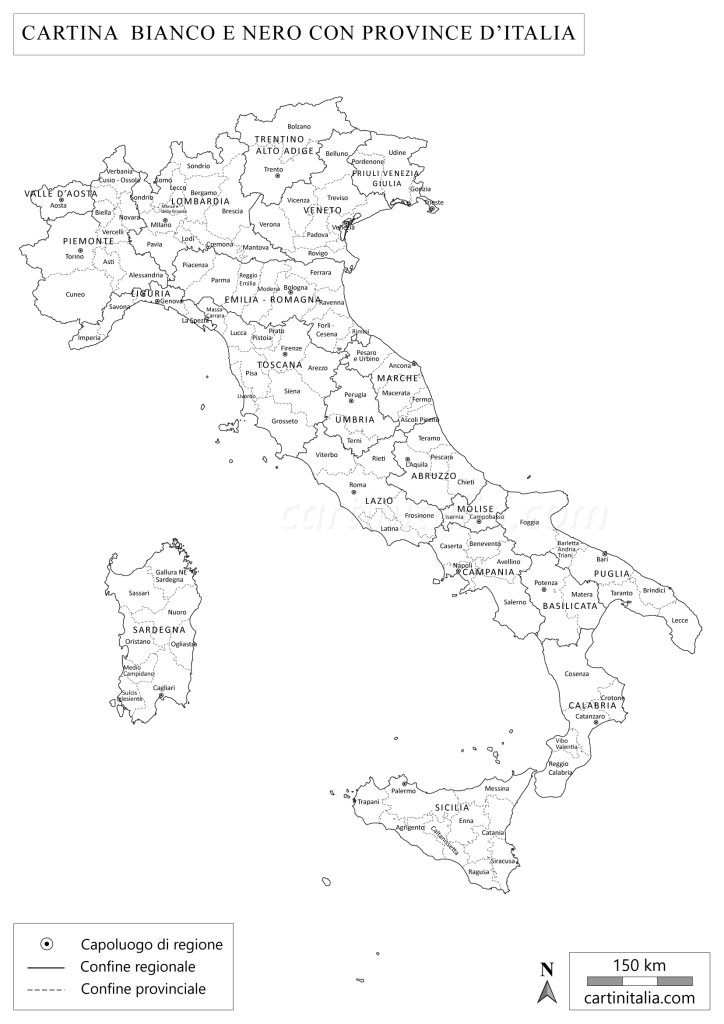 Mappa politica dell'Italia in bianco e nero con la suddivisione delle 110 province per studio scolastico.