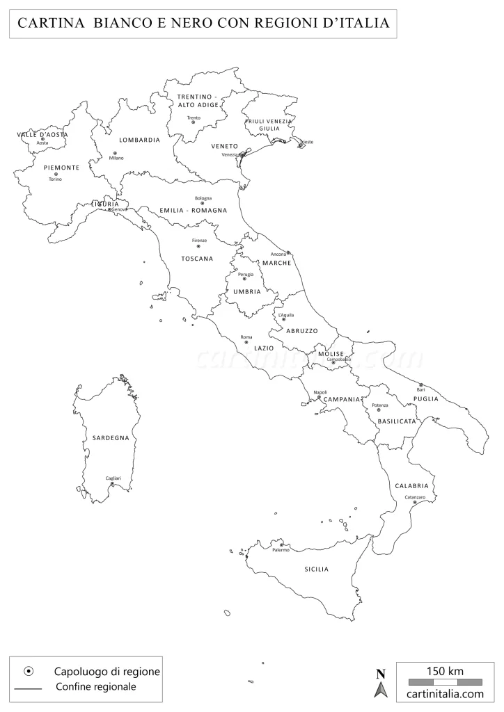Mappa bianco e nero con regioni e capoluoghi dell'Italia