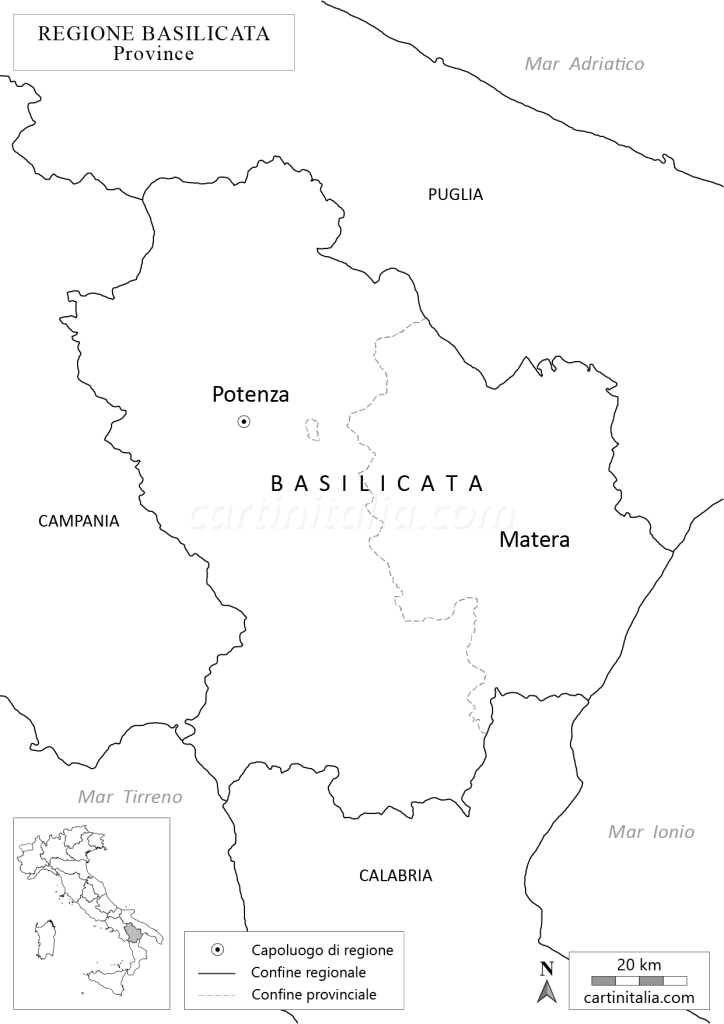 Cartina della Basilicata in bianco e nero da colorare