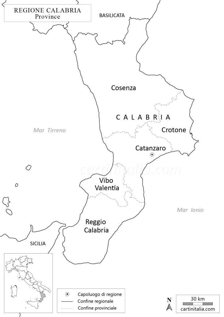 Cartina della Calabria in bianco e nero da colorare
