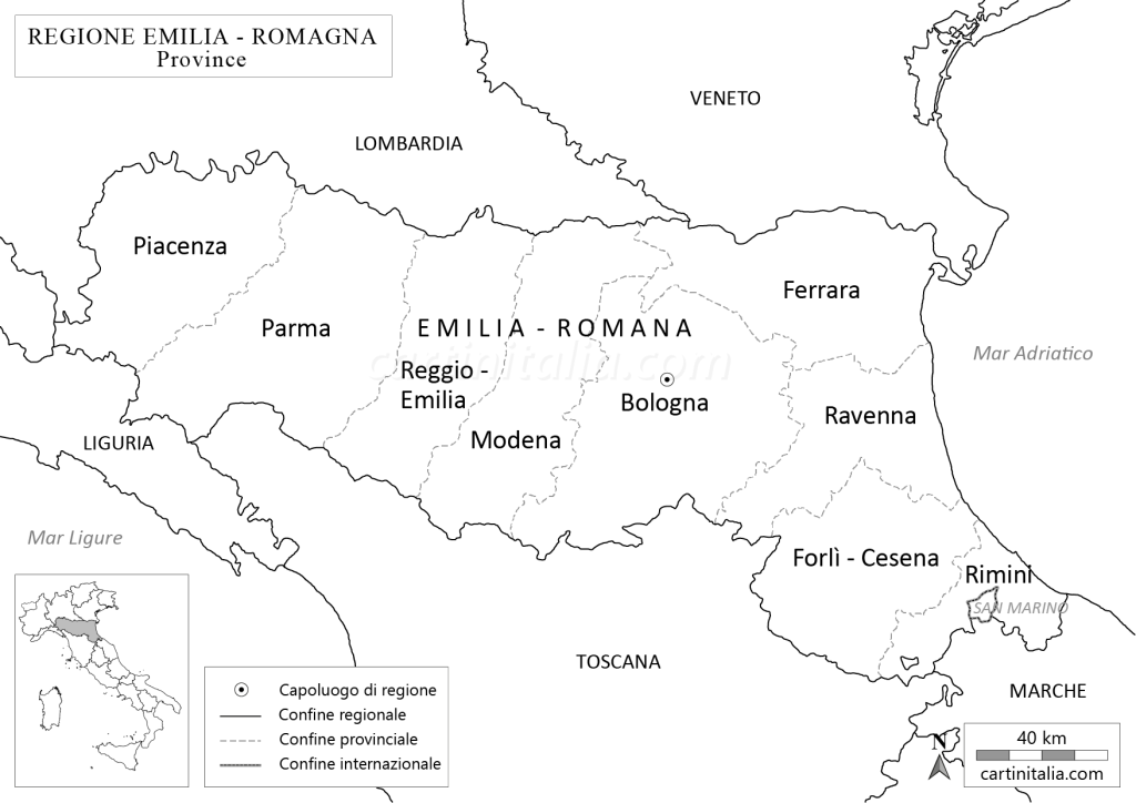 Cartina della Emilia Romagna in bianco e nero da colorare