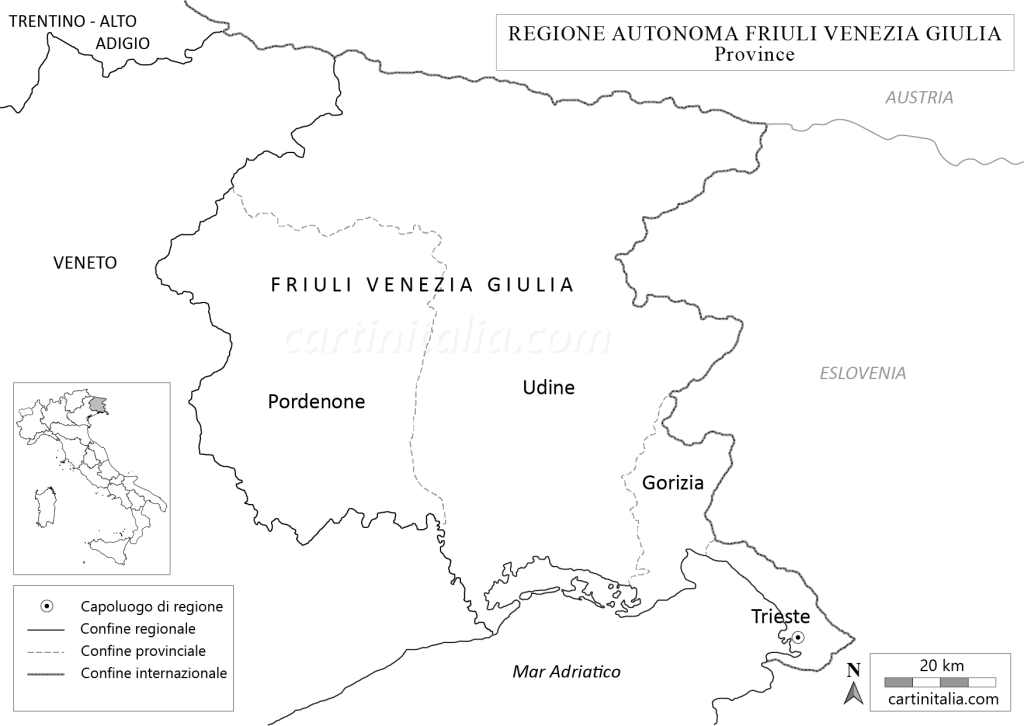Cartina del Friuli Venezia Giulia in bianco e nero da colorare