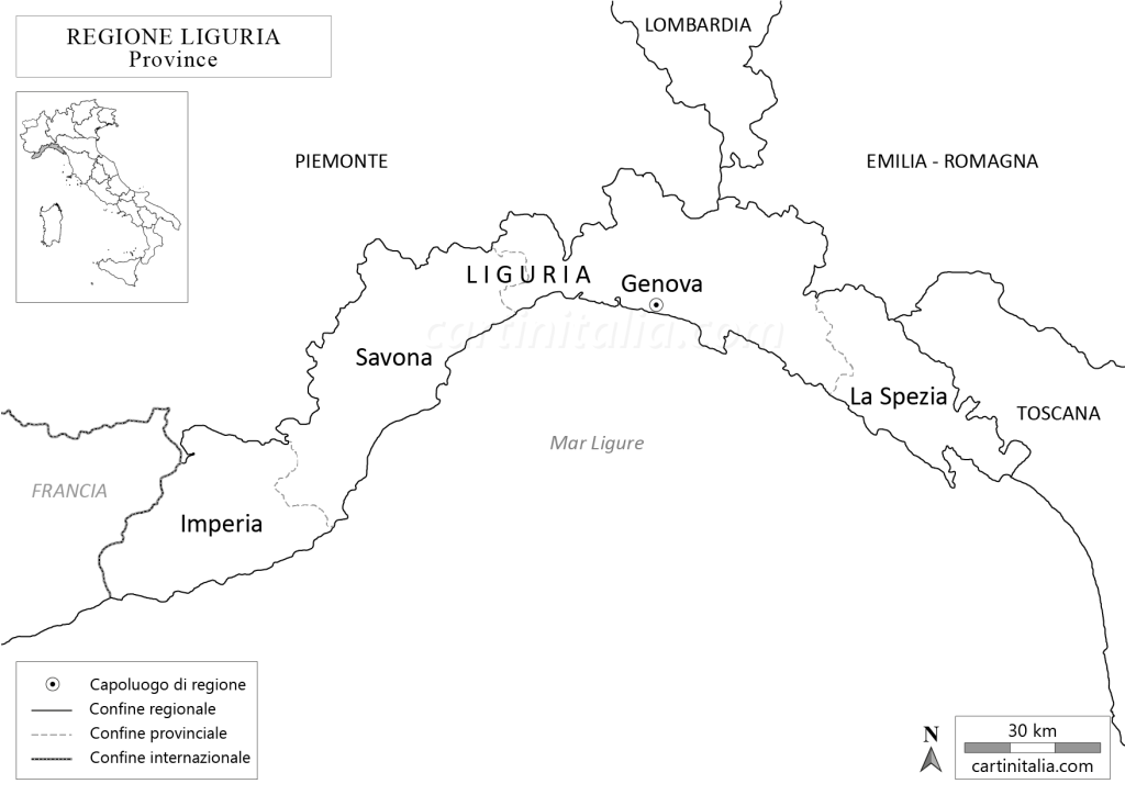 Cartina della Liguria in bianco e nero da colorare
