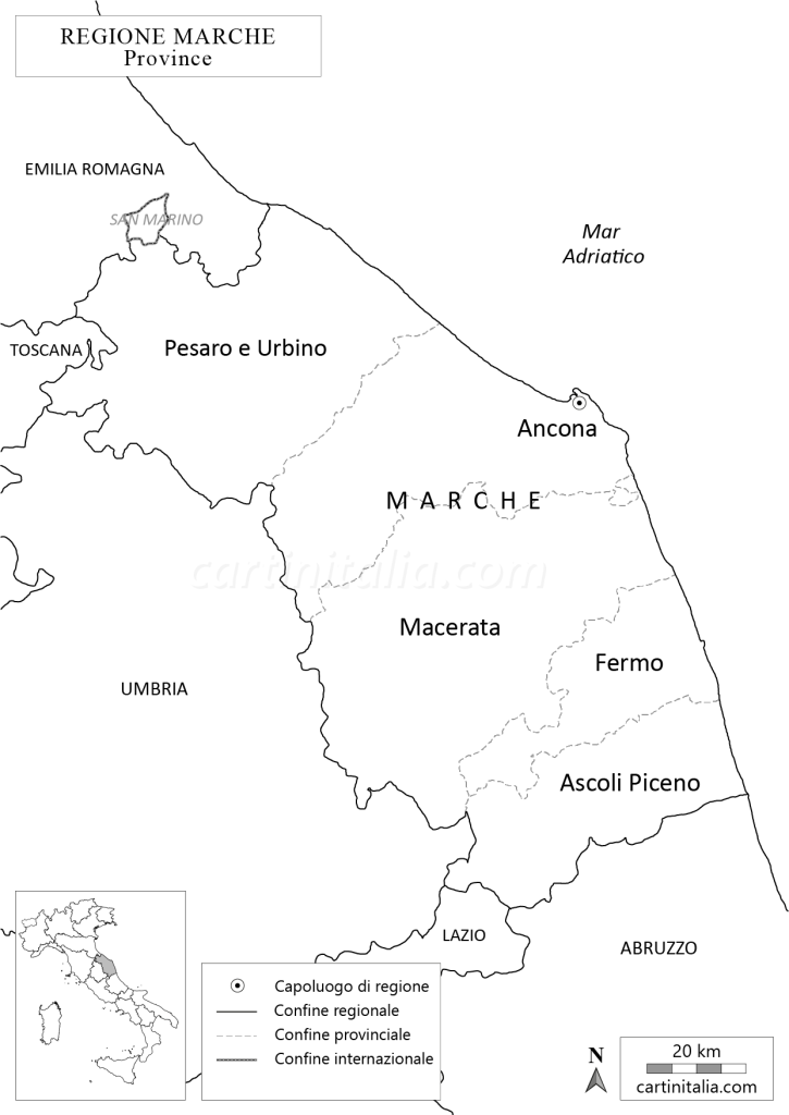Cartina delle Marche in bianco e nero da colorare