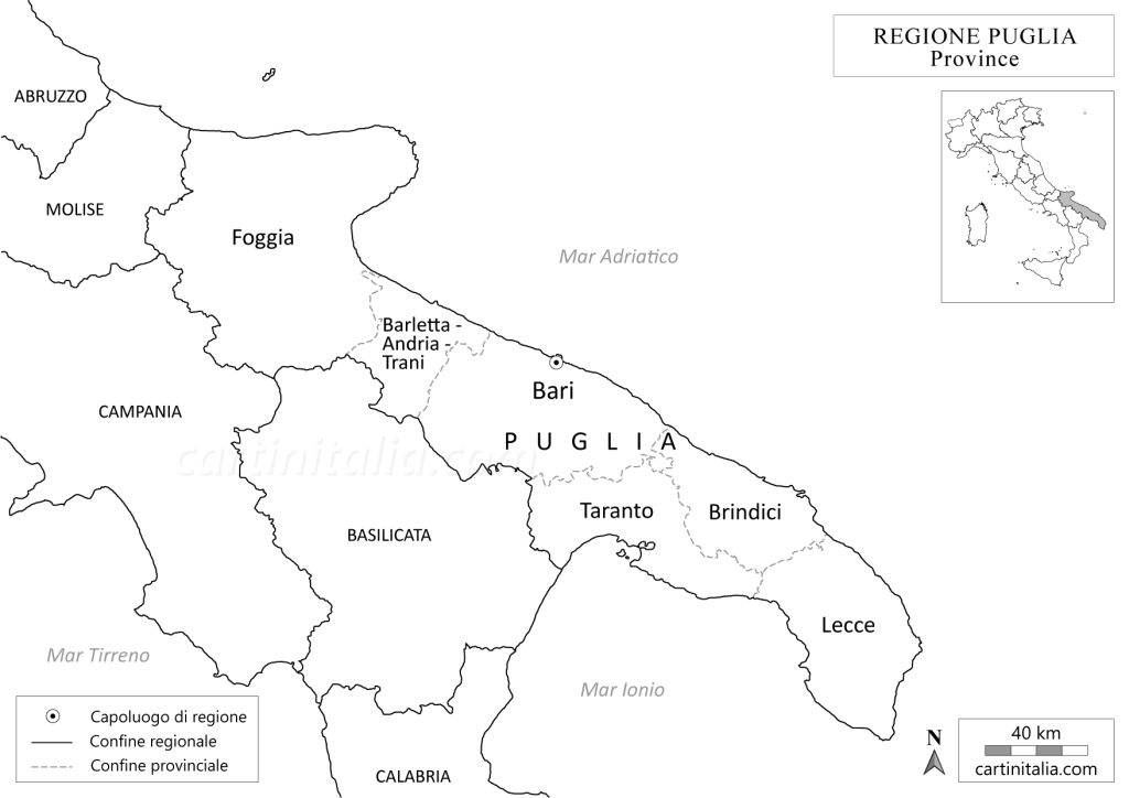 Mappa della regione Puglia in bianco e nero da colorare, con la suddivisione delle province e il capoluogo di regione per studio scolastico
