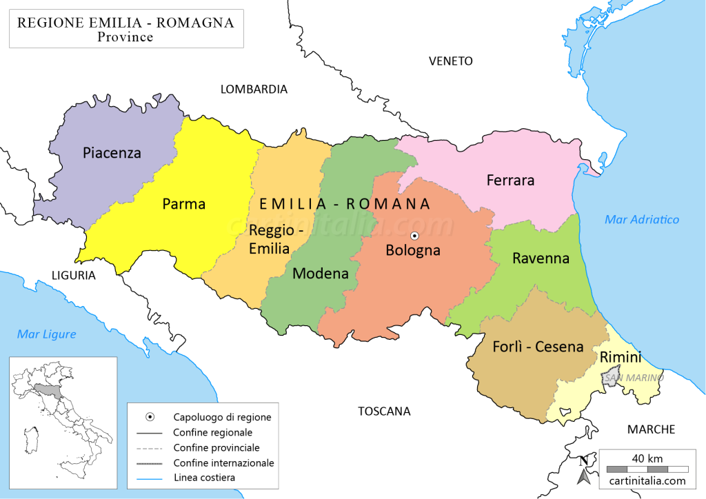 Cartina politica della Emilia Romagna con province