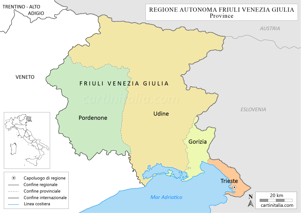Cartina politica del Friuli Venezia Giulia con province