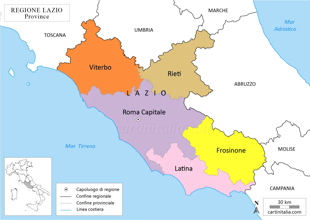 Cartina politica del Lazio con province