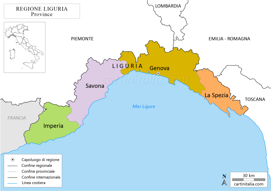 Cartina politica della Liguria con province