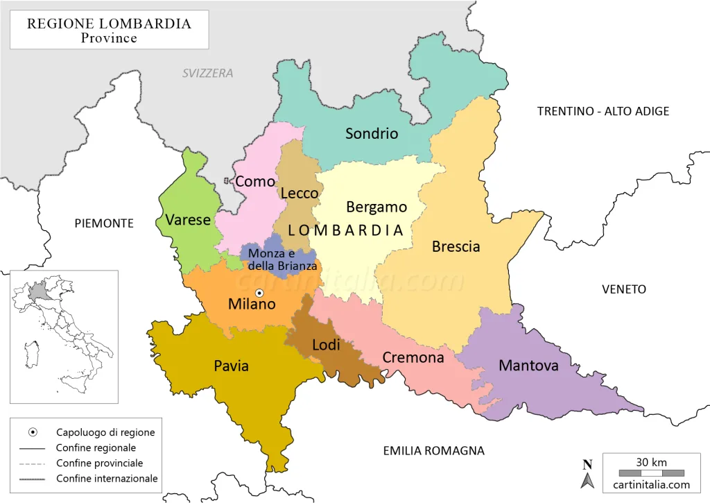 Cartina politica della Lombardia con province