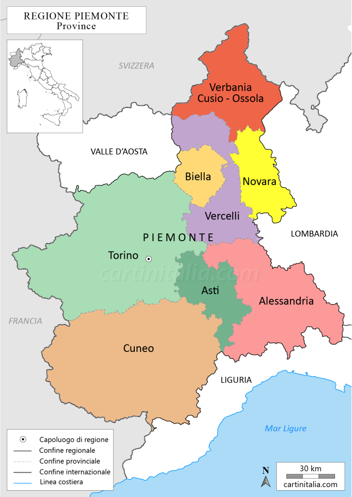 Cartina politica del Piemonte con province