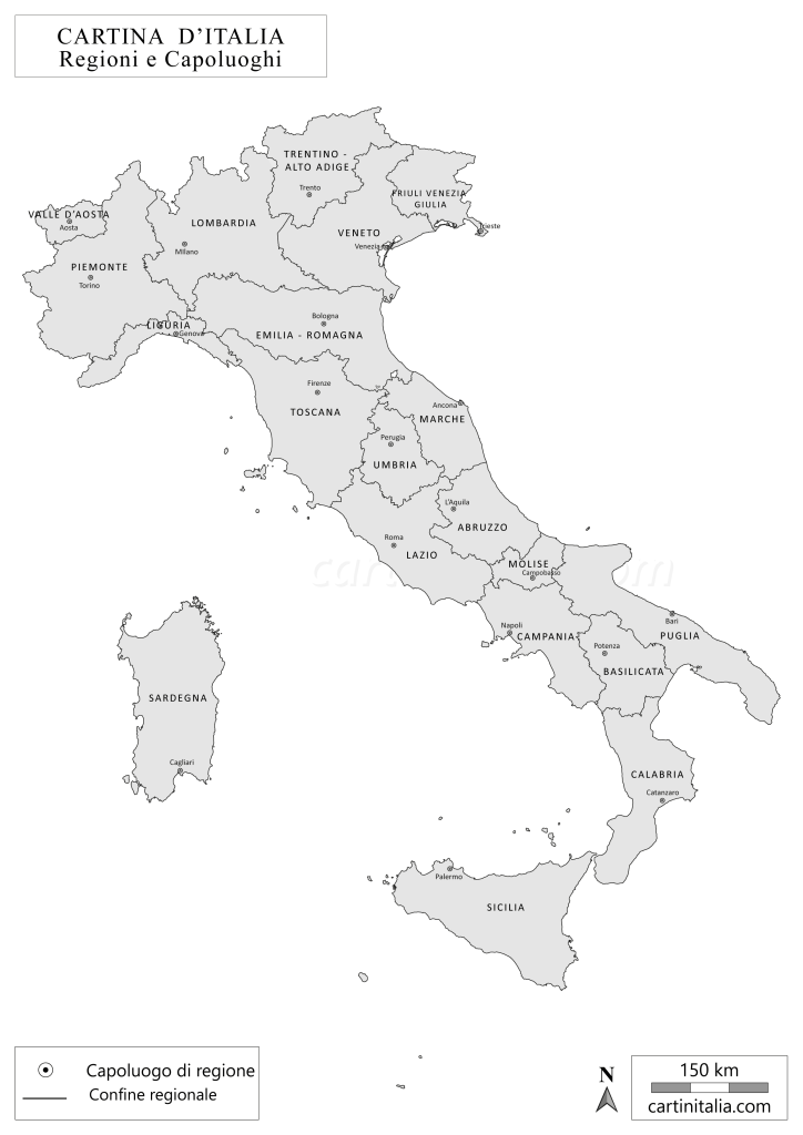 Mappa in bianco e nero con regioni e capoluoghi dell'Italia