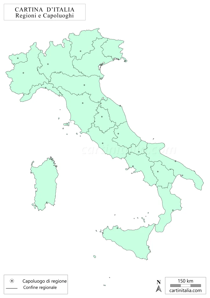 Cartina muta d'Italia con regioni e capoluoghi
