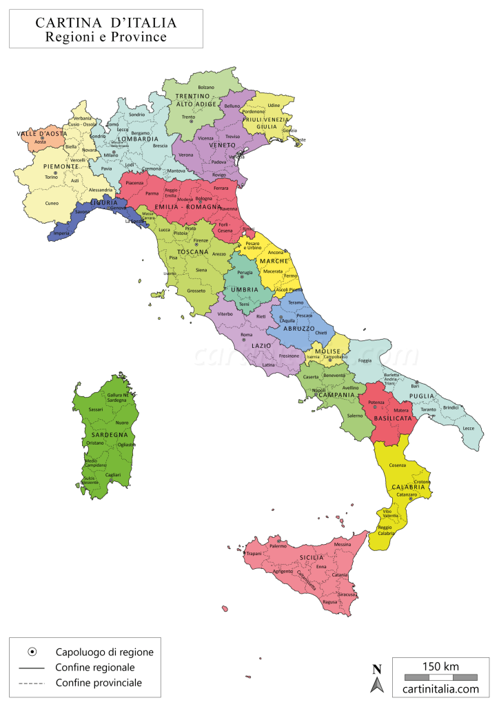 Mappa con regioni e province dell'Italia