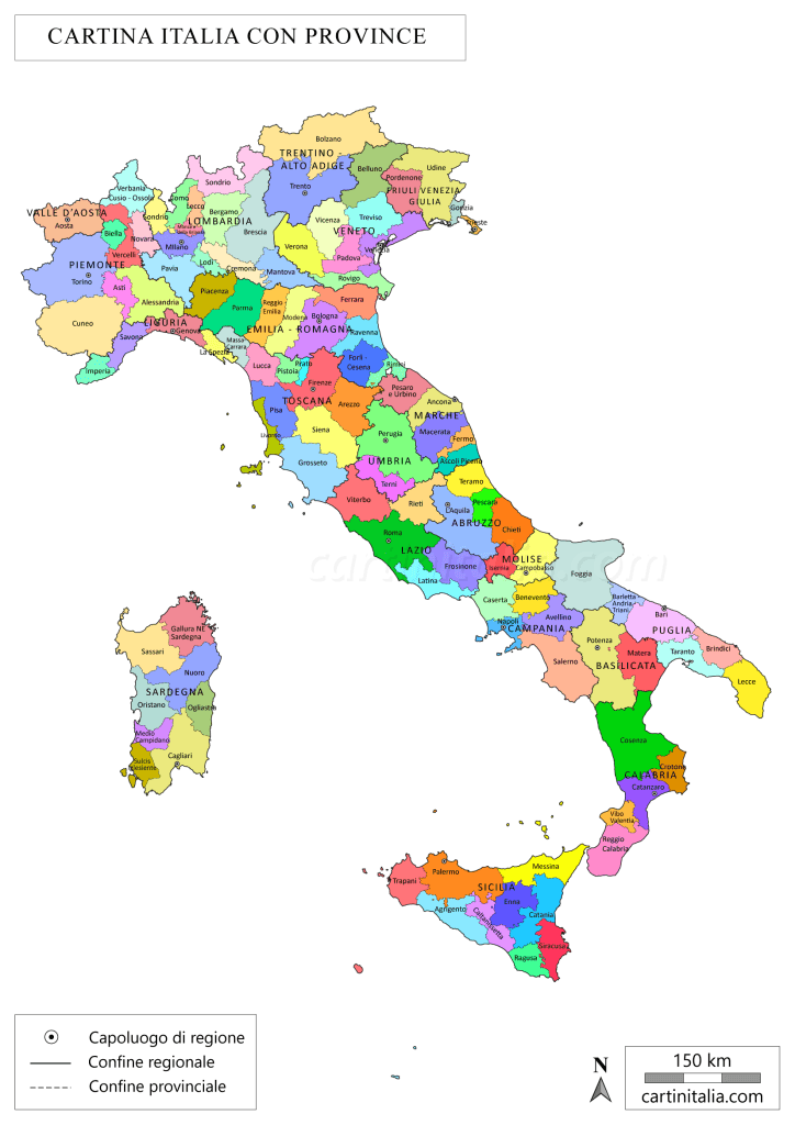 Mappa politica dell'Italia a colori con la suddivisione delle 110 province e dei relativi capoluoghi per studio scolastico