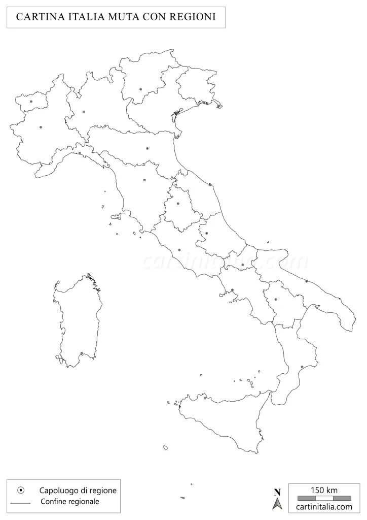Cartina muta d'Italia con regioni e capoluoghi